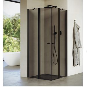 מקלחון פינתי חצי קבוע בפרזול שחור וזכוכית אפור שקוף